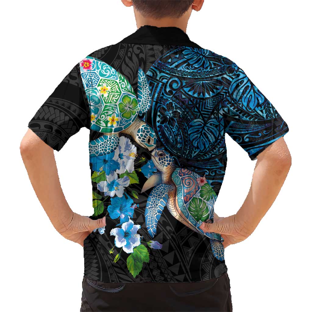 Hawaiian Couple Turtles Honi Family Matching Puletasi and Hawaiian Shirt Polynesian Art Motifs and Hibiscus Black Blue Color LT03 - Polynesian Pride