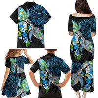Hawaiian Couple Turtles Honi Family Matching Puletasi and Hawaiian Shirt Polynesian Art Motifs and Hibiscus Black Blue Color LT03 - Polynesian Pride