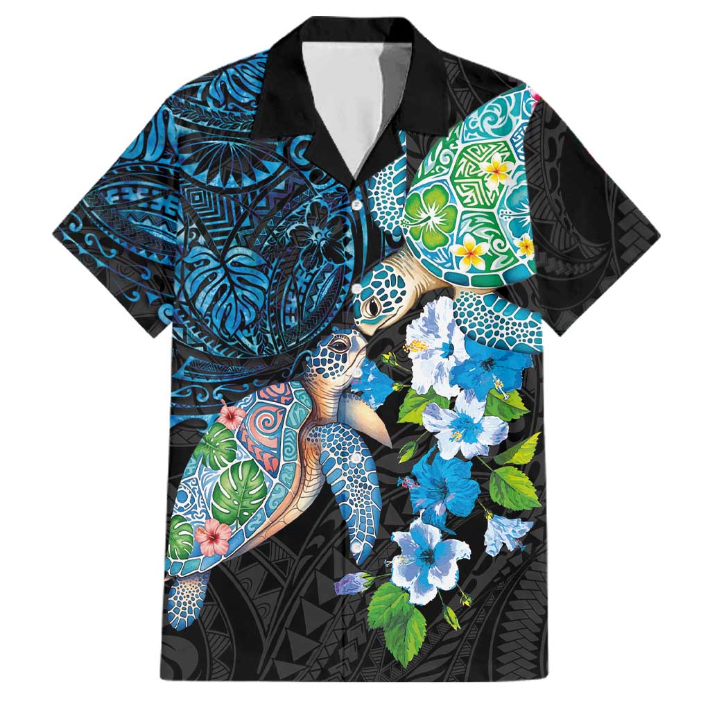Hawaiian Couple Turtles Honi Family Matching Puletasi and Hawaiian Shirt Polynesian Art Motifs and Hibiscus Black Blue Color LT03 Dad's Shirt - Short Sleeve Black - Polynesian Pride