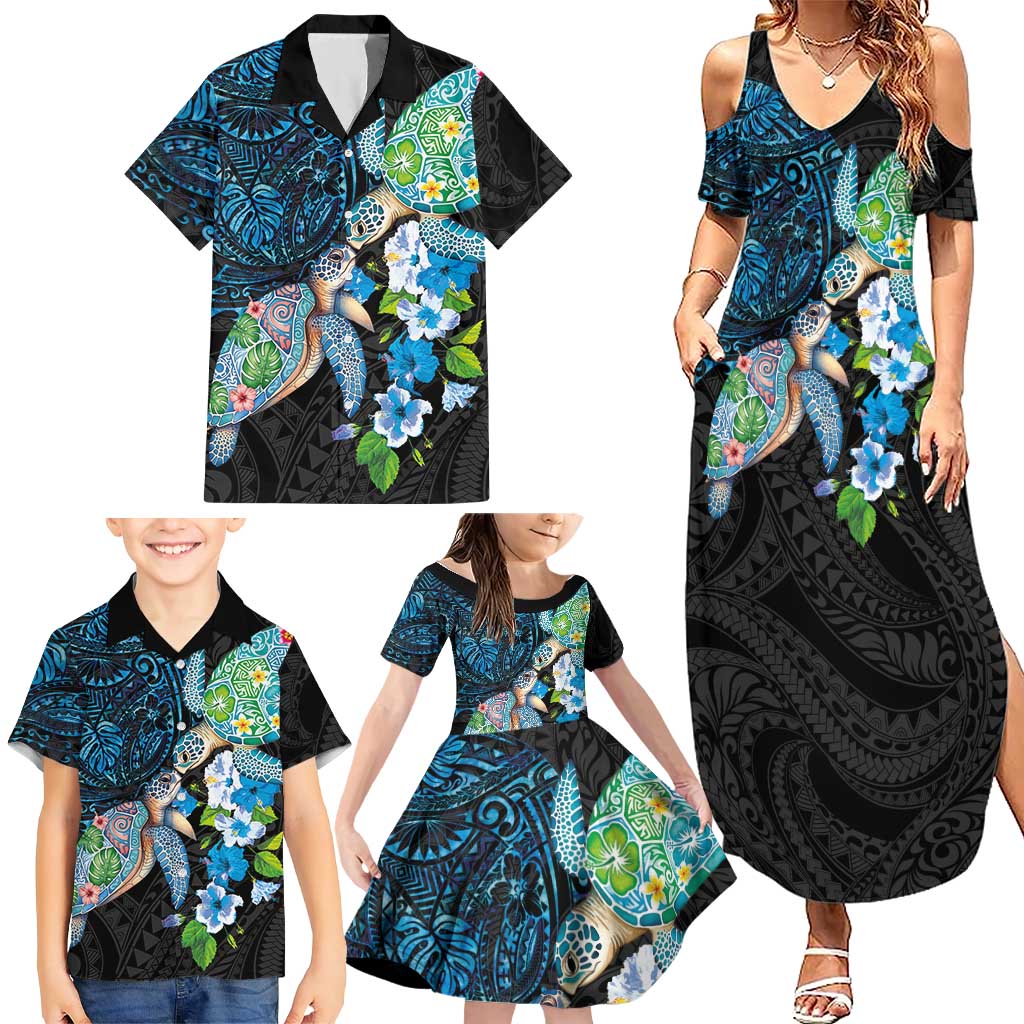 Hawaiian Couple Turtles Honi Family Matching Summer Maxi Dress and Hawaiian Shirt Polynesian Art Motifs and Hibiscus Black Blue Color - Polynesian Pride