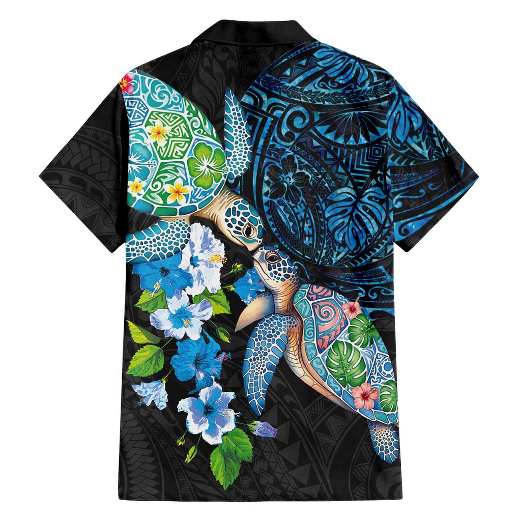 Hawaiian Couple Turtles Honi Family Matching Summer Maxi Dress and Hawaiian Shirt Polynesian Art Motifs and Hibiscus Black Blue Color LT03 - Polynesian Pride