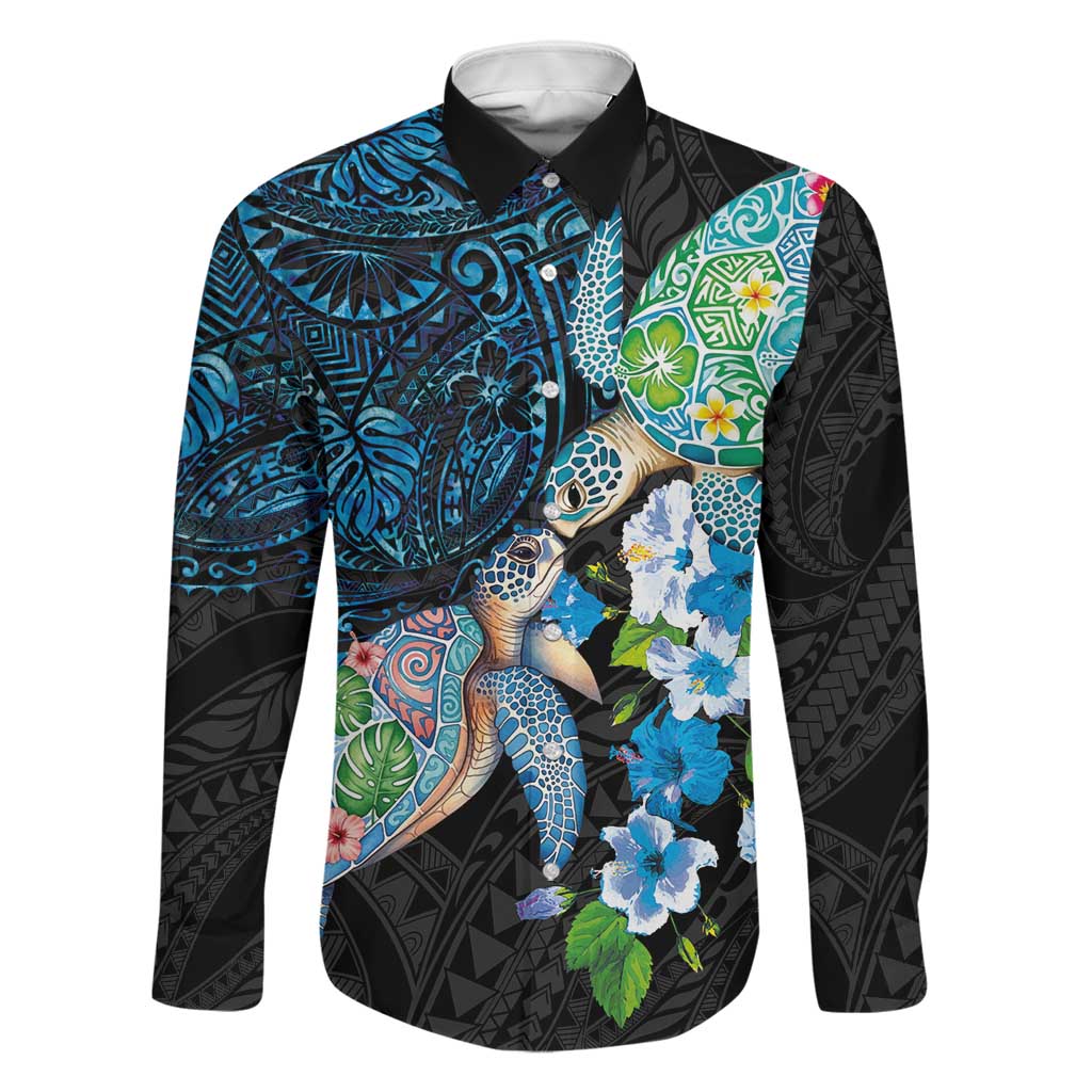 Hawaiian Couple Turtles Honi Family Matching Summer Maxi Dress and Hawaiian Shirt Polynesian Art Motifs and Hibiscus Black Blue Color LT03 Dad's Shirt - Long Sleeve Black - Polynesian Pride