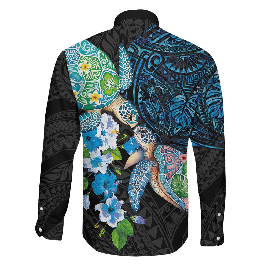 Hawaiian Couple Turtles Honi Family Matching Summer Maxi Dress and Hawaiian Shirt Polynesian Art Motifs and Hibiscus Black Blue Color LT03 - Polynesian Pride