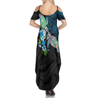 Hawaiian Couple Turtles Honi Family Matching Summer Maxi Dress and Hawaiian Shirt Polynesian Art Motifs and Hibiscus Black Blue Color LT03 - Polynesian Pride