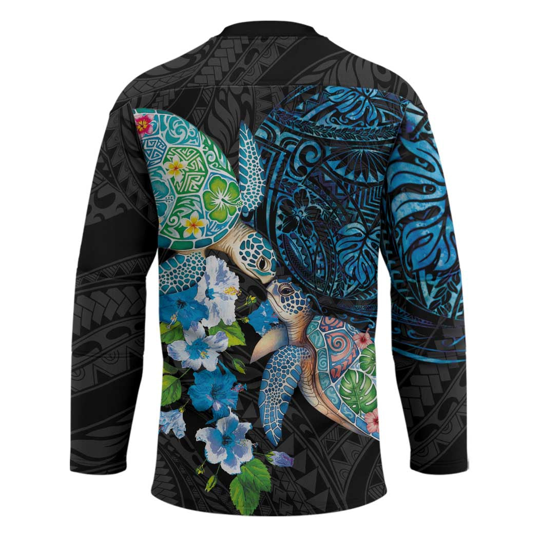 Hawaiian Couple Turtles Honi Hockey Jersey Polynesian Art Motifs and Hibiscus Black Blue Color LT03 - Polynesian Pride