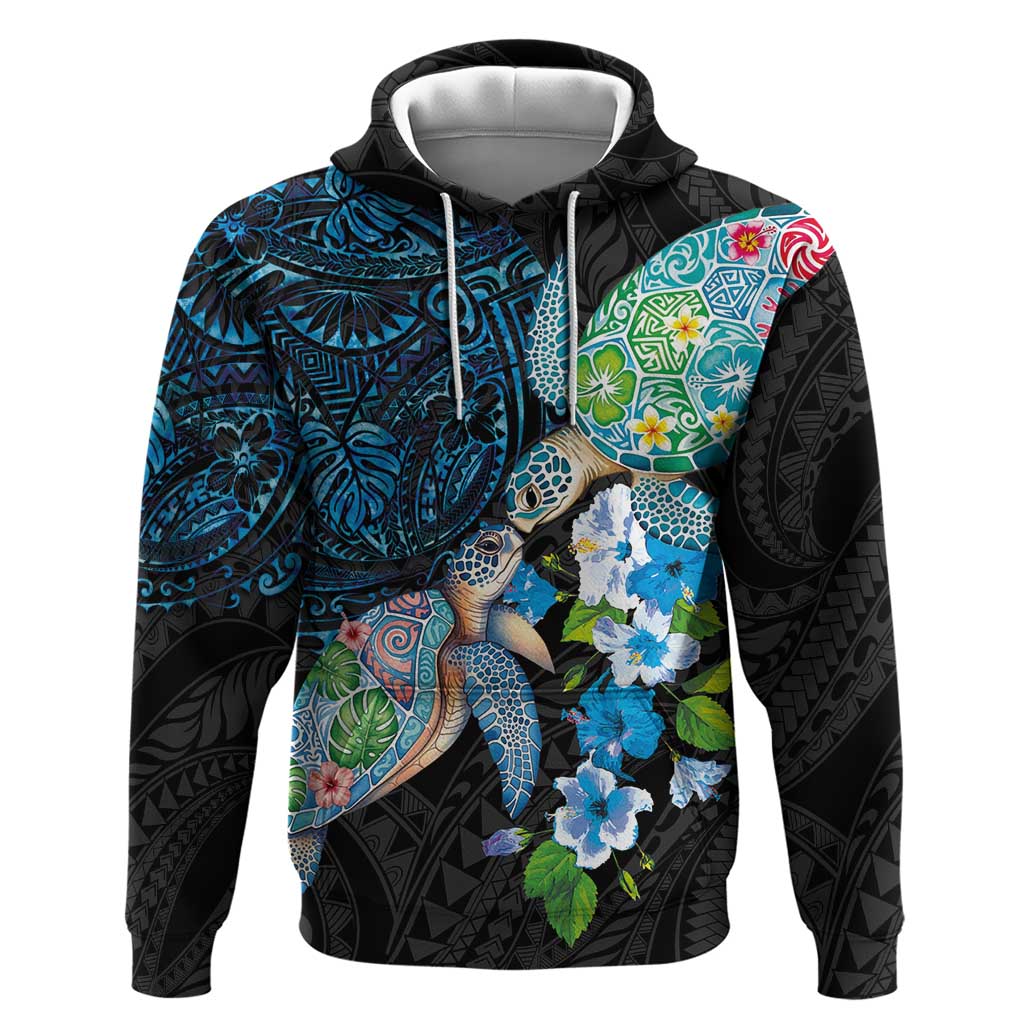 Hawaiian Couple Turtles Honi Hoodie Polynesian Art Motifs and Hibiscus Black Blue Color LT03 Pullover Hoodie Black - Polynesian Pride