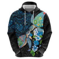 Hawaiian Couple Turtles Honi Hoodie Polynesian Art Motifs and Hibiscus Black Blue Color LT03 - Polynesian Pride