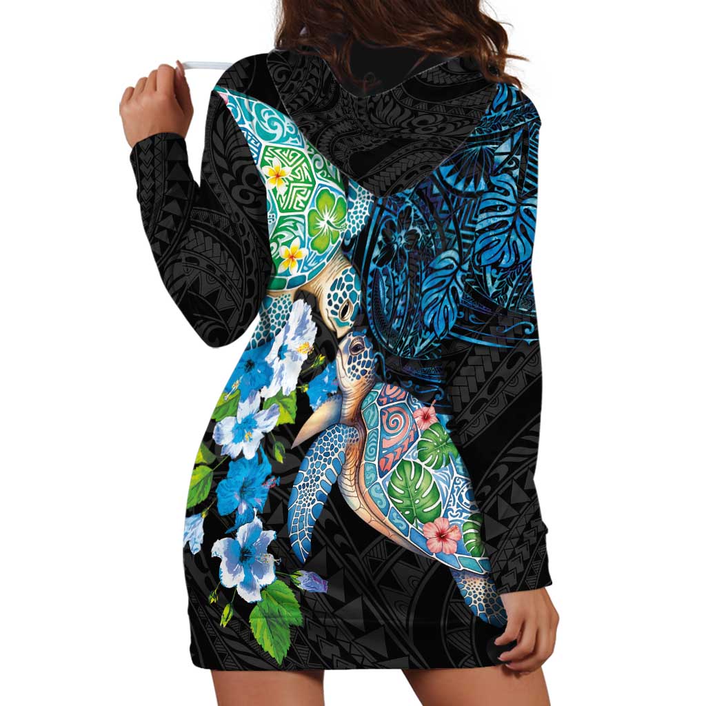 Hawaiian Couple Turtles Honi Hoodie Dress Polynesian Art Motifs and Hibiscus Black Blue Color LT03 - Polynesian Pride