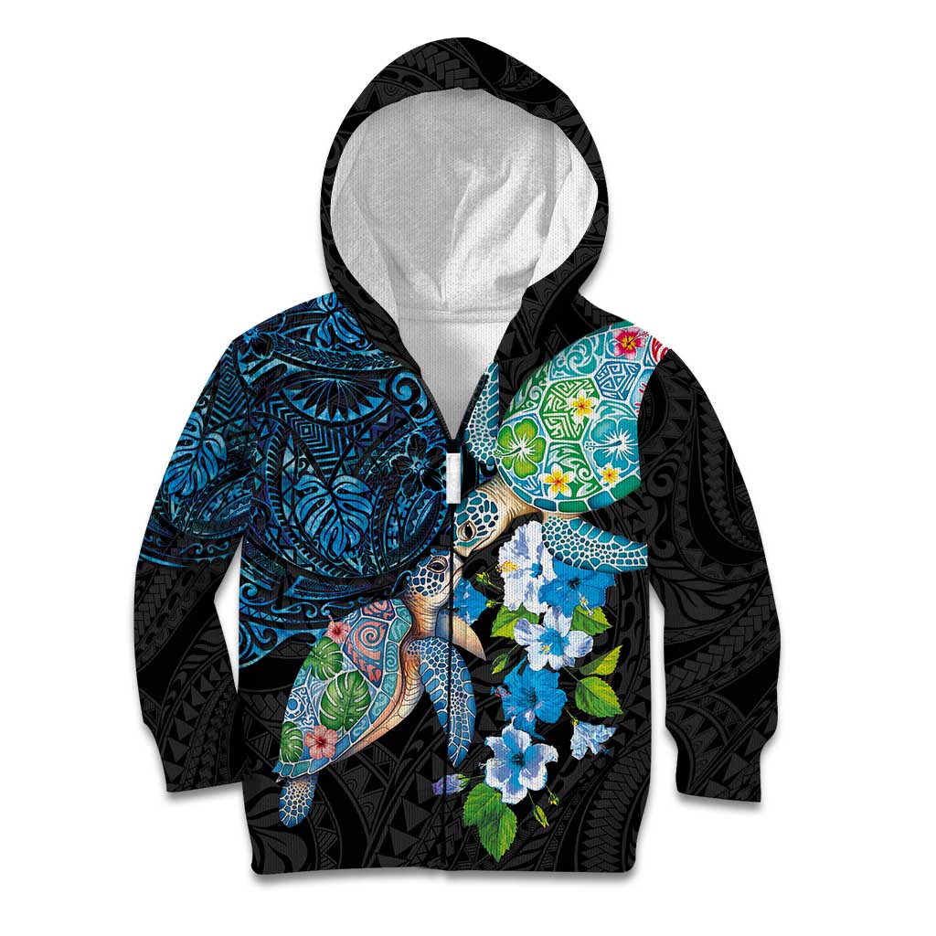 Hawaiian Couple Turtles Honi Kid Hoodie Polynesian Art Motifs and Hibiscus Black Blue Color LT03 Zip Hoodie Black - Polynesian Pride