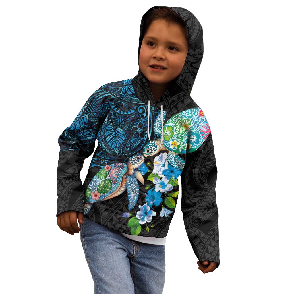 Hawaiian Couple Turtles Honi Kid Hoodie Polynesian Art Motifs and Hibiscus Black Blue Color LT03 - Polynesian Pride
