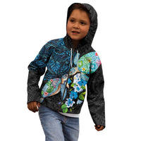 Hawaiian Couple Turtles Honi Kid Hoodie Polynesian Art Motifs and Hibiscus Black Blue Color LT03 - Polynesian Pride