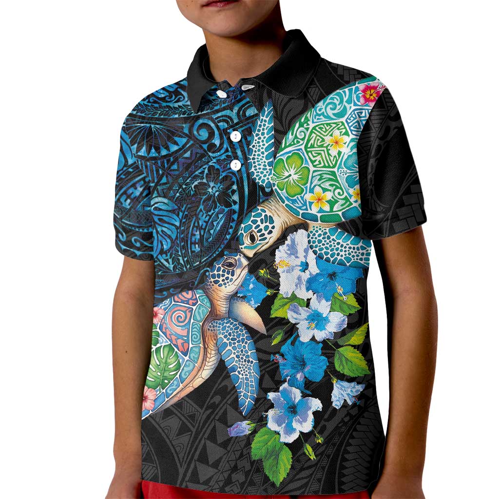 Hawaiian Couple Turtles Honi Kid Polo Shirt Polynesian Art Motifs and Hibiscus Black Blue Color LT03 Kid Black - Polynesian Pride