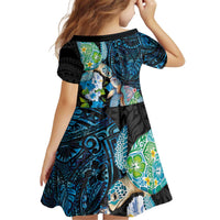Hawaiian Couple Turtles Honi Kid Short Sleeve Dress Polynesian Art Motifs and Hibiscus Black Blue Color LT03 - Polynesian Pride