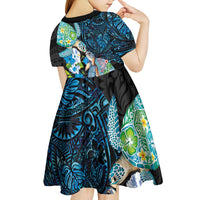 Hawaiian Couple Turtles Honi Kid Short Sleeve Dress Polynesian Art Motifs and Hibiscus Black Blue Color LT03 - Polynesian Pride