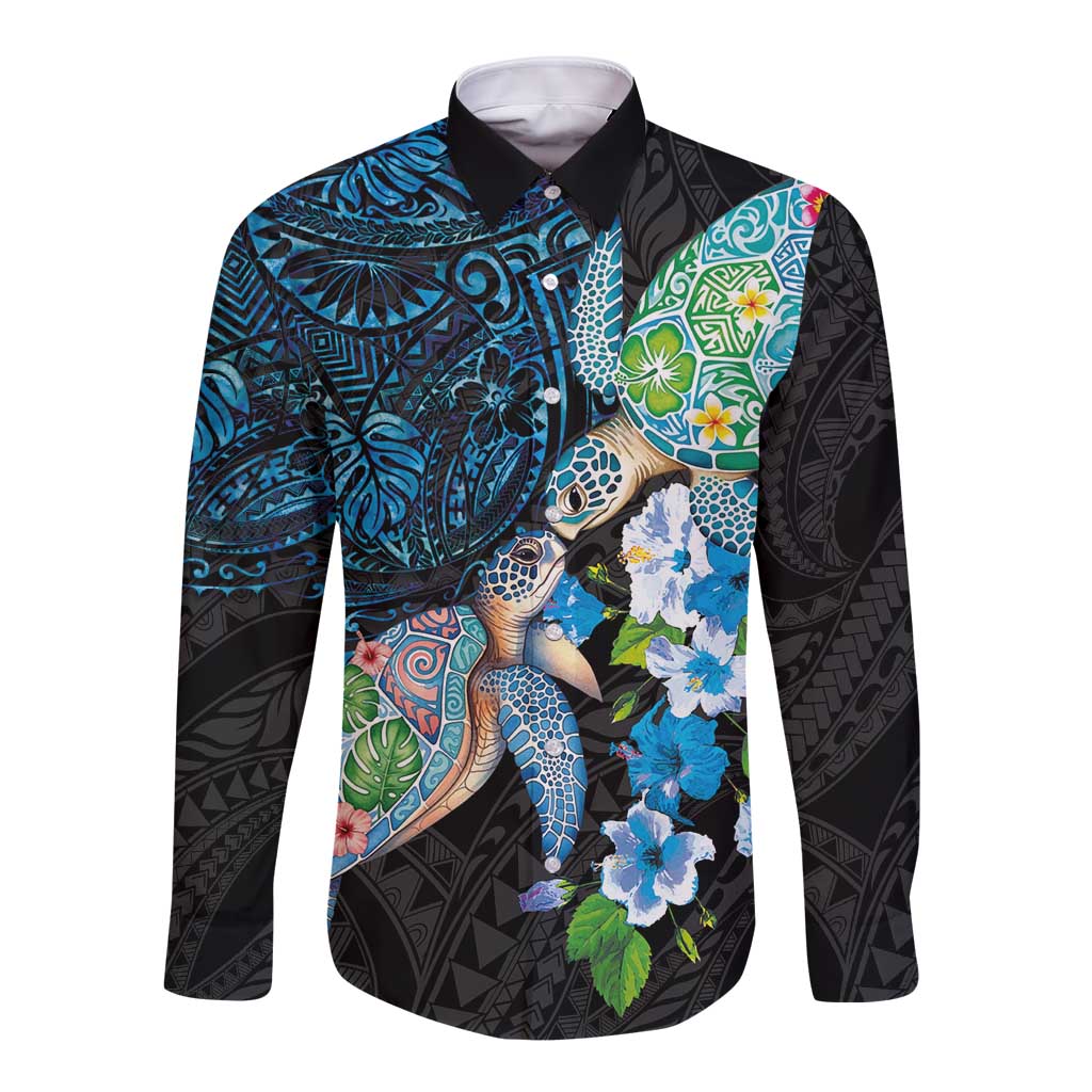 Hawaiian Couple Turtles Honi Long Sleeve Button Shirt Polynesian Art Motifs and Hibiscus Black Blue Color LT03 Unisex Black - Polynesian Pride