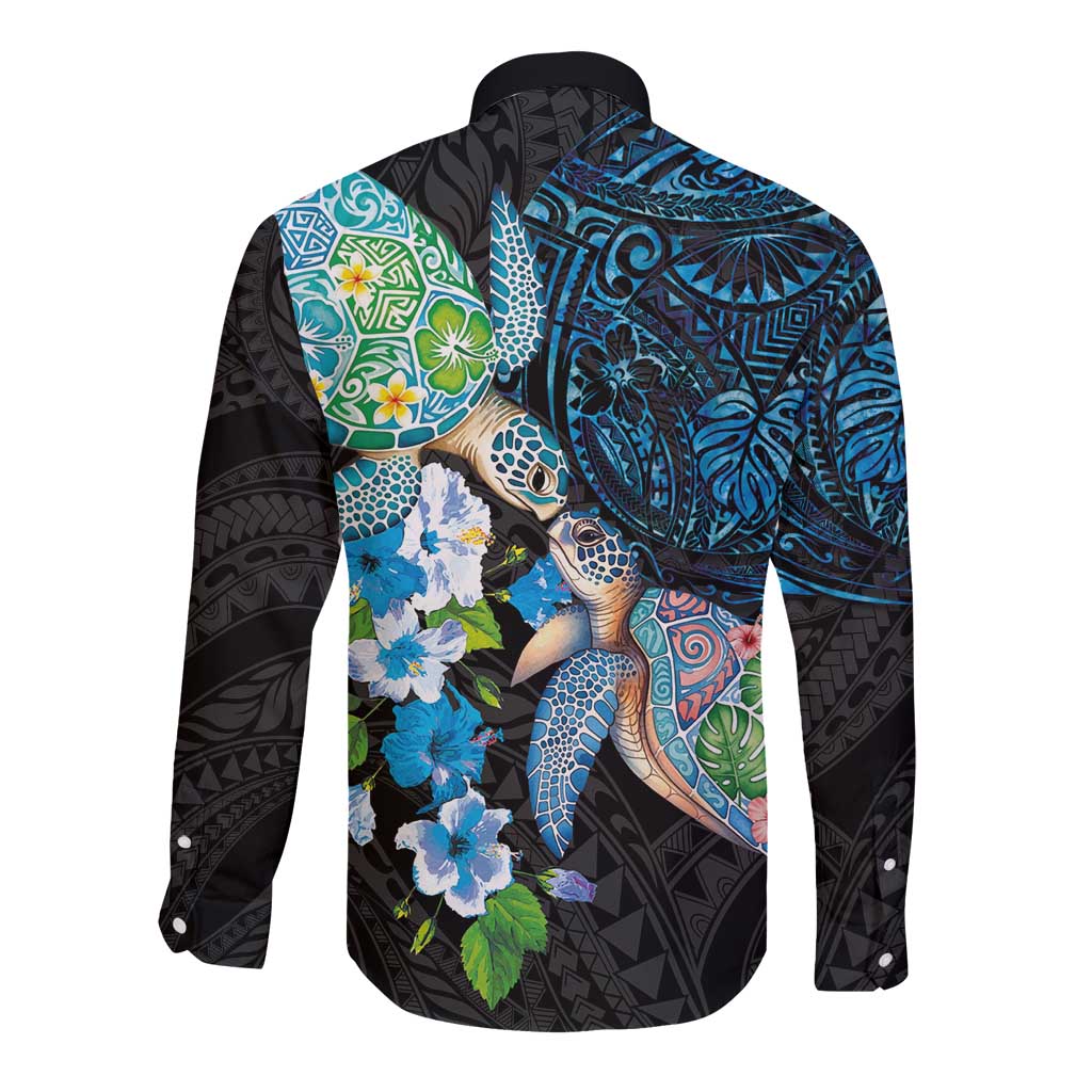 Hawaiian Couple Turtles Honi Long Sleeve Button Shirt Polynesian Art Motifs and Hibiscus Black Blue Color LT03 - Polynesian Pride