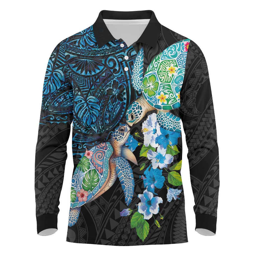 Hawaiian Couple Turtles Honi Long Sleeve Polo Shirt Polynesian Art Motifs and Hibiscus Black Blue Color LT03 Black - Polynesian Pride