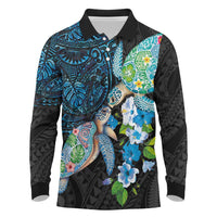 Hawaiian Couple Turtles Honi Long Sleeve Polo Shirt Polynesian Art Motifs and Hibiscus Black Blue Color LT03 Black - Polynesian Pride