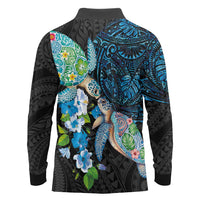 Hawaiian Couple Turtles Honi Long Sleeve Polo Shirt Polynesian Art Motifs and Hibiscus Black Blue Color LT03 - Polynesian Pride