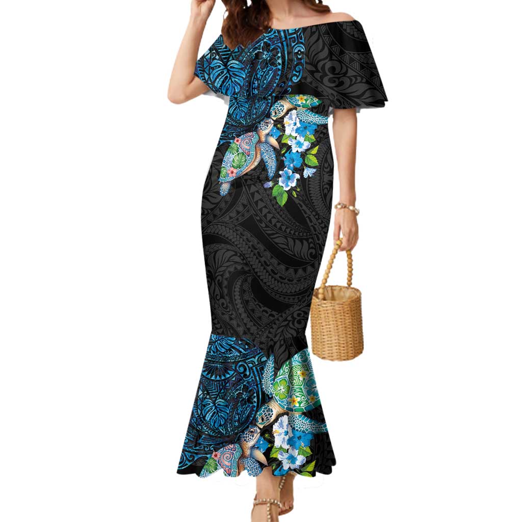 Hawaiian Couple Turtles Honi Mermaid Dress Polynesian Art Motifs and Hibiscus Black Blue Color LT03 Women Black - Polynesian Pride