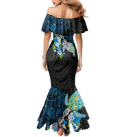 Hawaiian Couple Turtles Honi Mermaid Dress Polynesian Art Motifs and Hibiscus Black Blue Color LT03 - Polynesian Pride