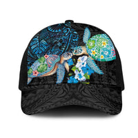 Hawaiian Couple Turtles Honi Mesh Trucker Cap Polynesian Art Motifs and Hibiscus Black Blue Color - Polynesian Pride