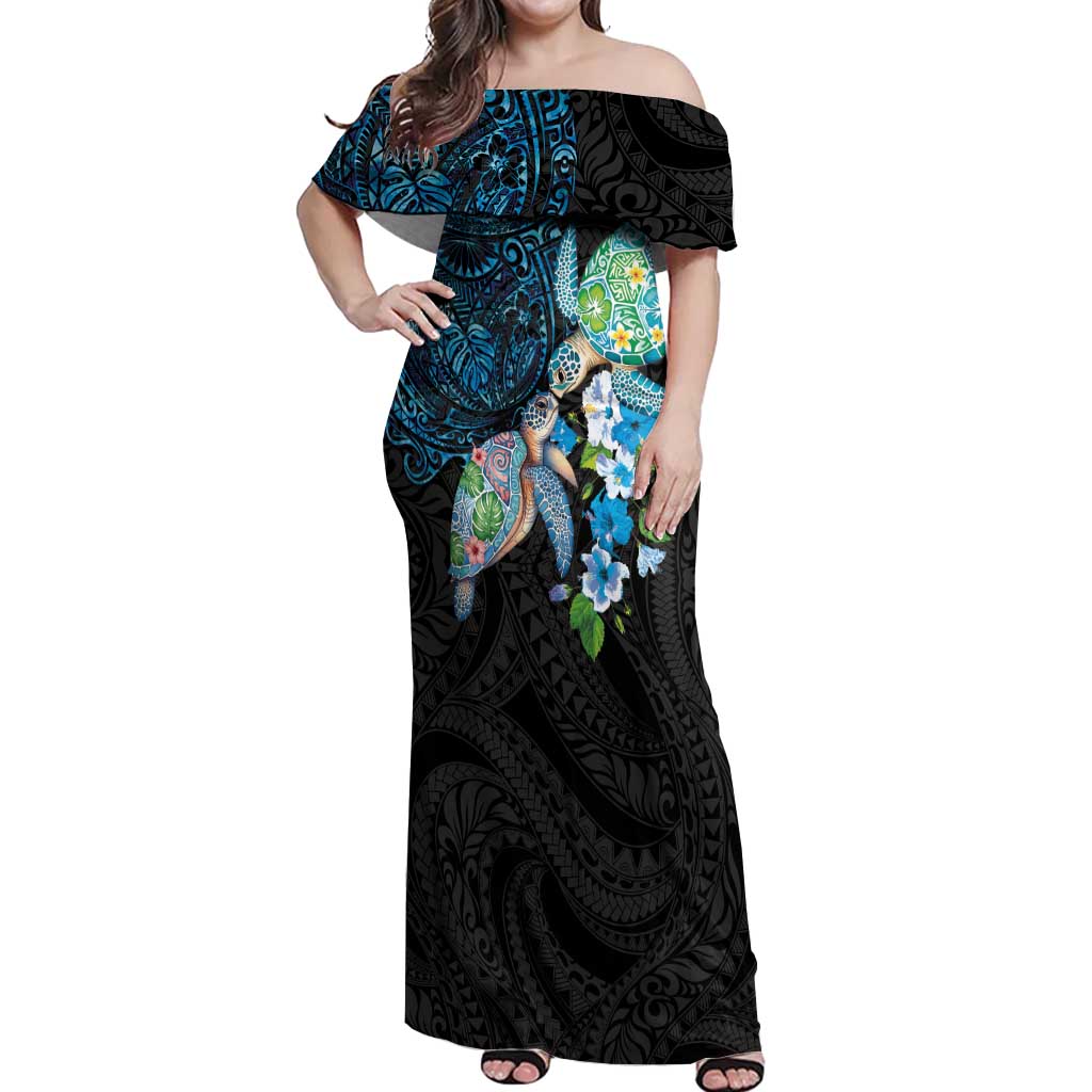 Hawaiian Couple Turtles Honi Off Shoulder Maxi Dress Polynesian Art Motifs and Hibiscus Black Blue Color LT03 Women Black - Polynesian Pride