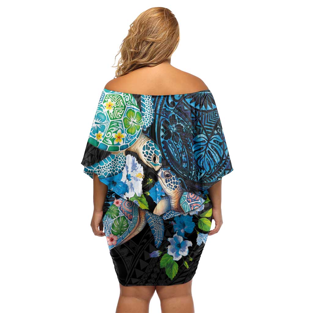 Hawaiian Couple Turtles Honi Off Shoulder Short Dress Polynesian Art Motifs and Hibiscus Black Blue Color LT03 - Polynesian Pride