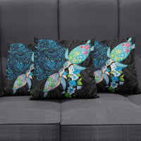 Hawaiian Couple Turtles Honi Pillow Cover Polynesian Art Motifs and Hibiscus Black Blue Color - Polynesian Pride