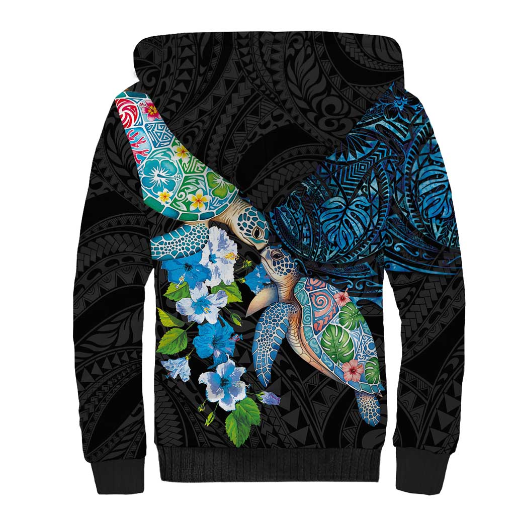 Hawaiian Couple Turtles Honi Sherpa Hoodie Polynesian Art Motifs and Hibiscus Black Blue Color LT03 - Polynesian Pride