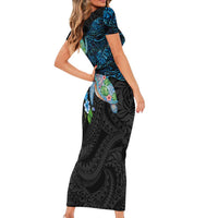 Hawaiian Couple Turtles Honi Short Sleeve Bodycon Dress Polynesian Art Motifs and Hibiscus Black Blue Color LT03 - Polynesian Pride