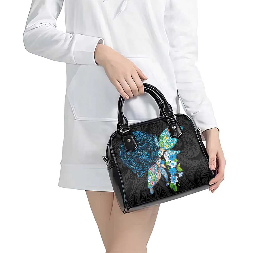 Hawaiian Couple Turtles Honi Shoulder Handbag Polynesian Art Motifs and Hibiscus Black Blue Color - Polynesian Pride
