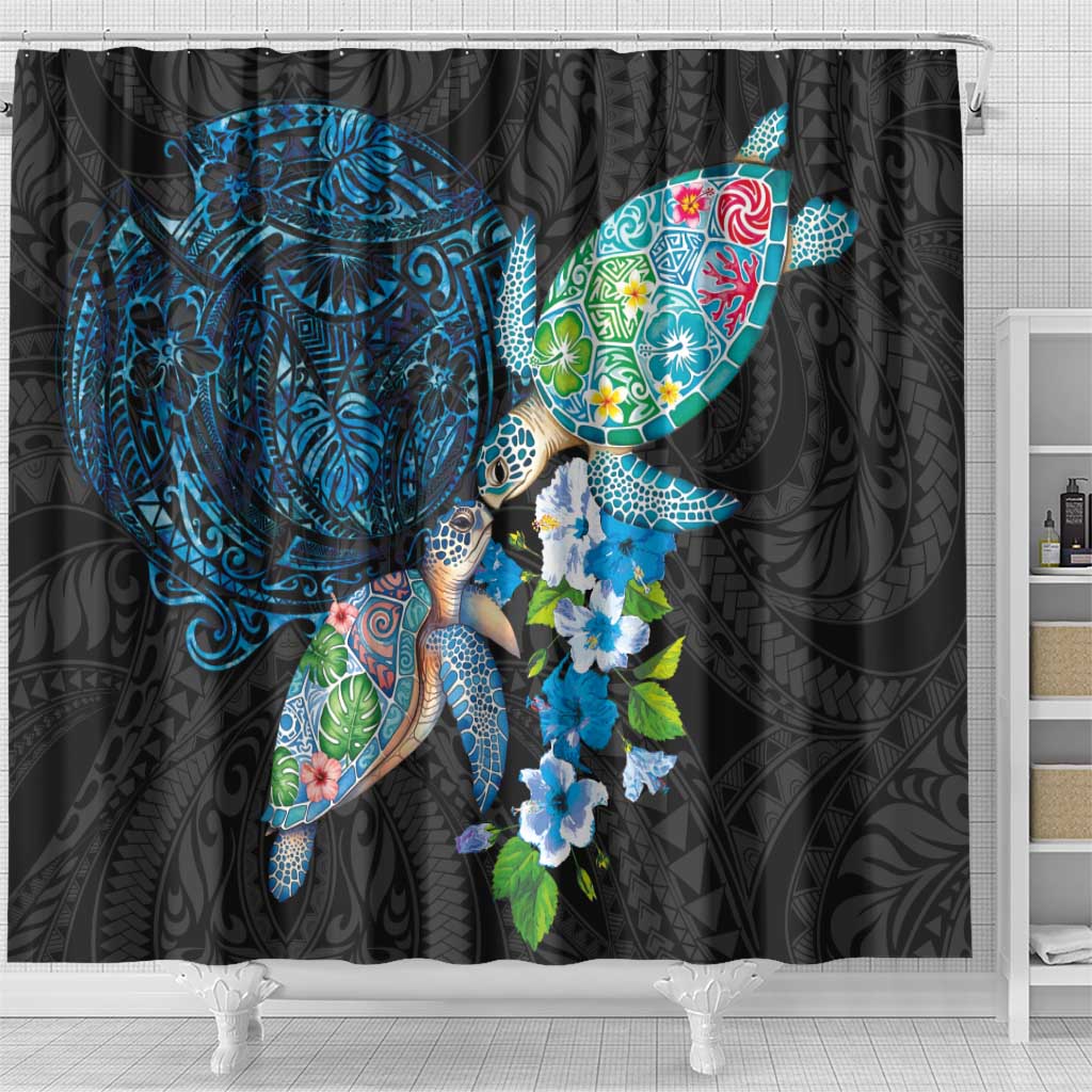Hawaiian Couple Turtles Honi Shower Curtain Polynesian Art Motifs and Hibiscus Black Blue Color - Polynesian Pride