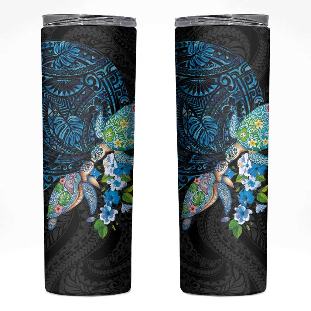 Hawaiian Couple Turtles Honi Skinny Tumbler Polynesian Art Motifs and Hibiscus Black Blue Color LT03 Black - Polynesian Pride