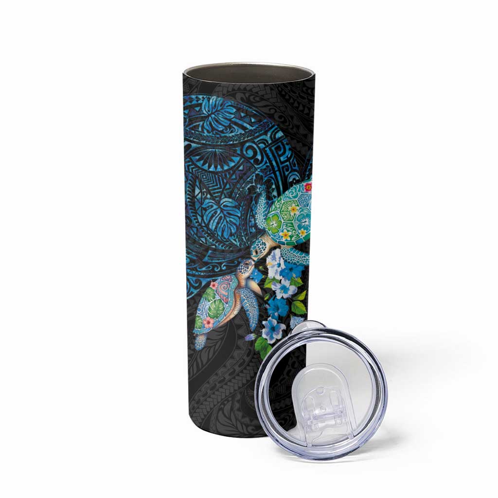 Hawaiian Couple Turtles Honi Skinny Tumbler Polynesian Art Motifs and Hibiscus Black Blue Color LT03 - Polynesian Pride