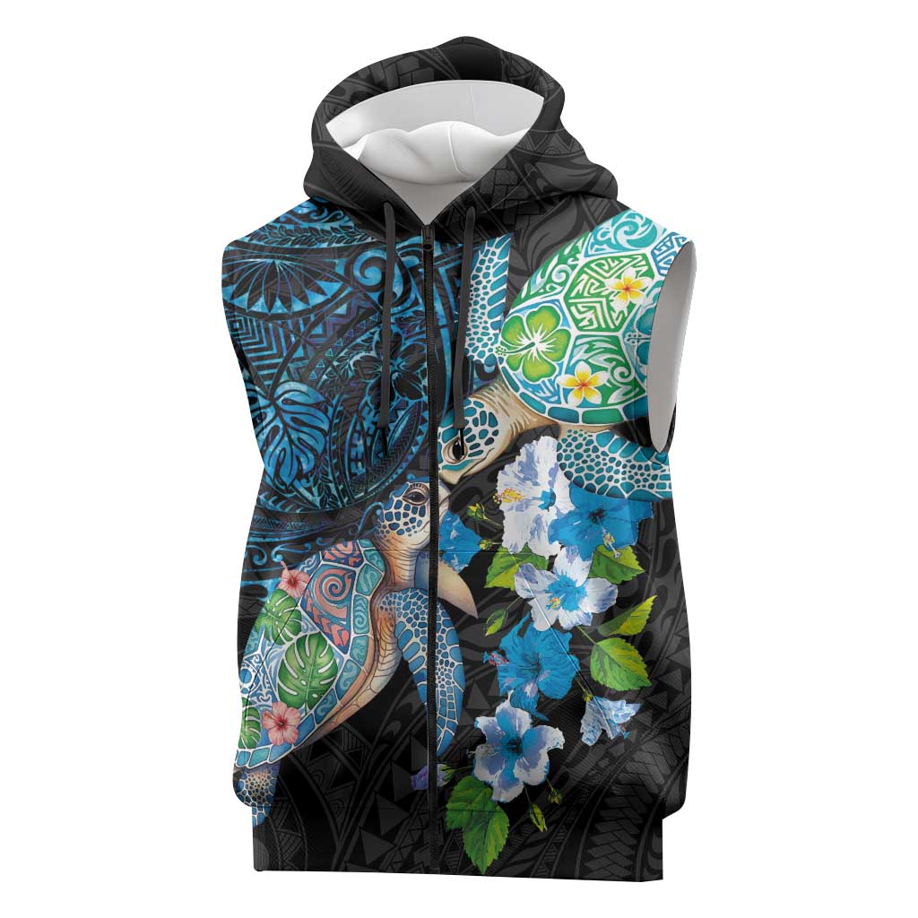 Hawaiian Couple Turtles Honi Sleeveless Zip Hoodie Polynesian Art Motifs and Hibiscus Black Blue Color LT03 Black - Polynesian Pride