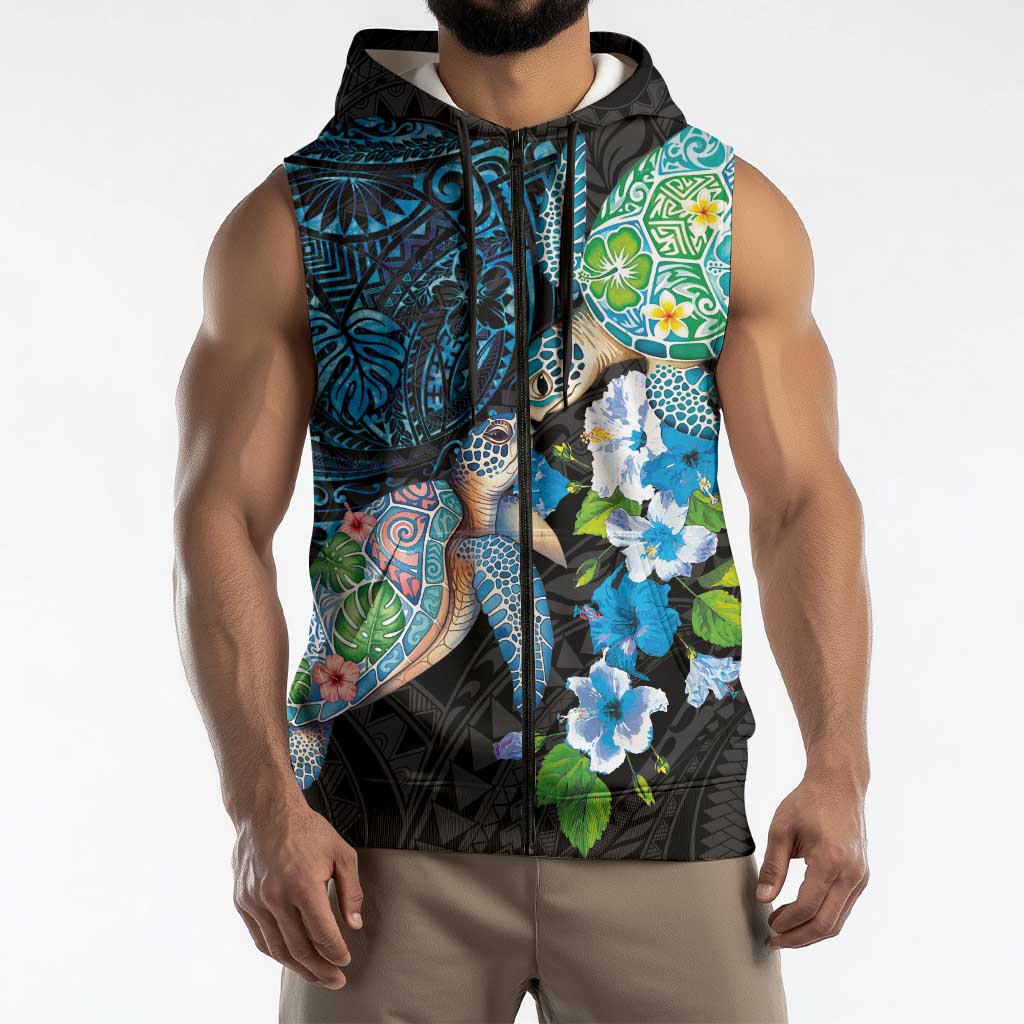 Hawaiian Couple Turtles Honi Sleeveless Zip Hoodie Polynesian Art Motifs and Hibiscus Black Blue Color LT03 - Polynesian Pride