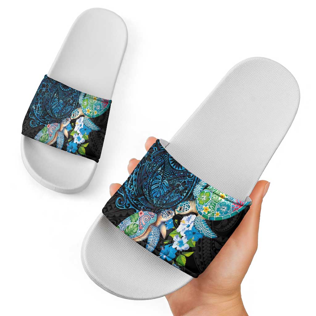 Hawaiian Couple Turtles Honi Slide Sandals Polynesian Art Motifs and Hibiscus Black Blue Color - Polynesian Pride