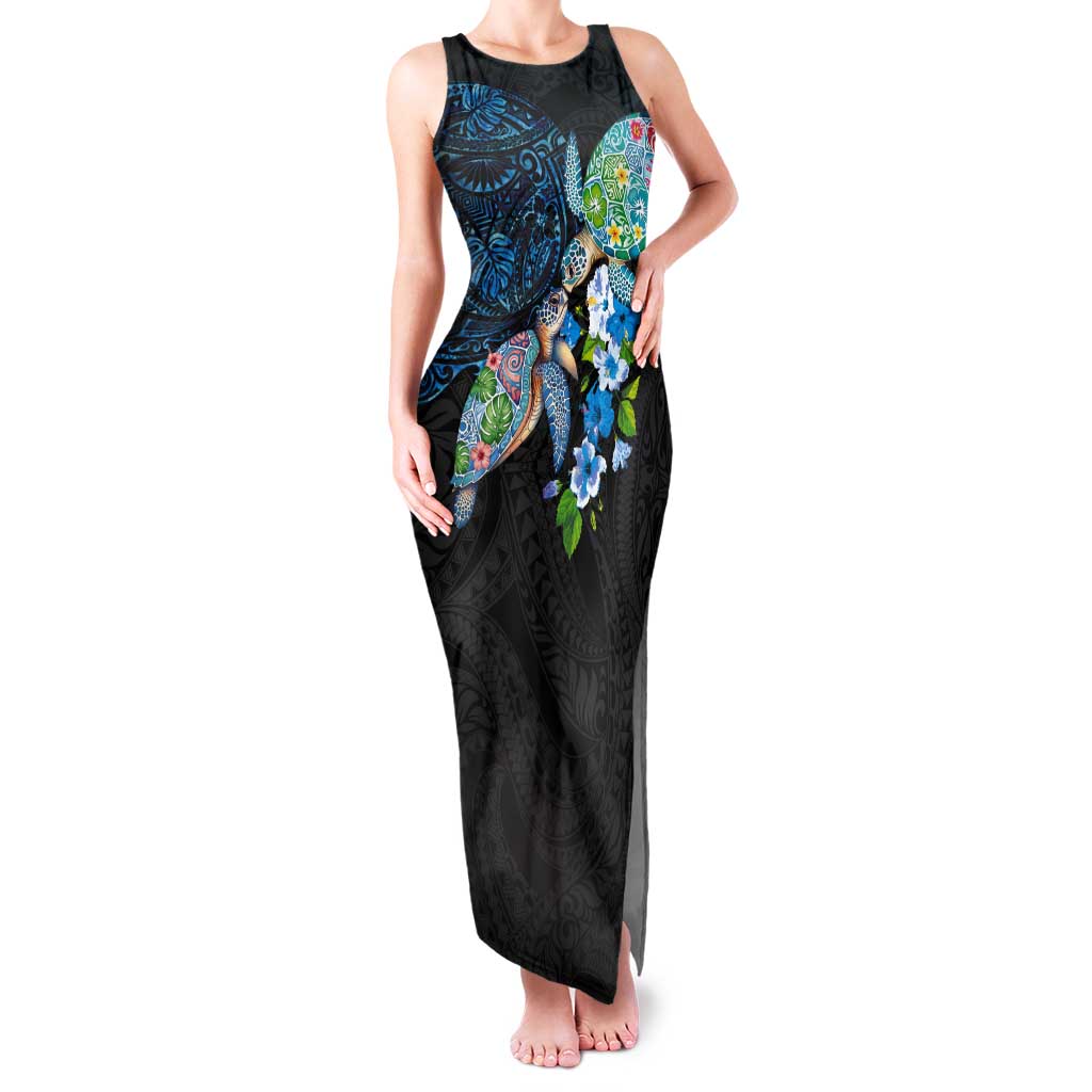 Hawaiian Couple Turtles Honi Tank Maxi Dress Polynesian Art Motifs and Hibiscus Black Blue Color LT03 Women Black - Polynesian Pride