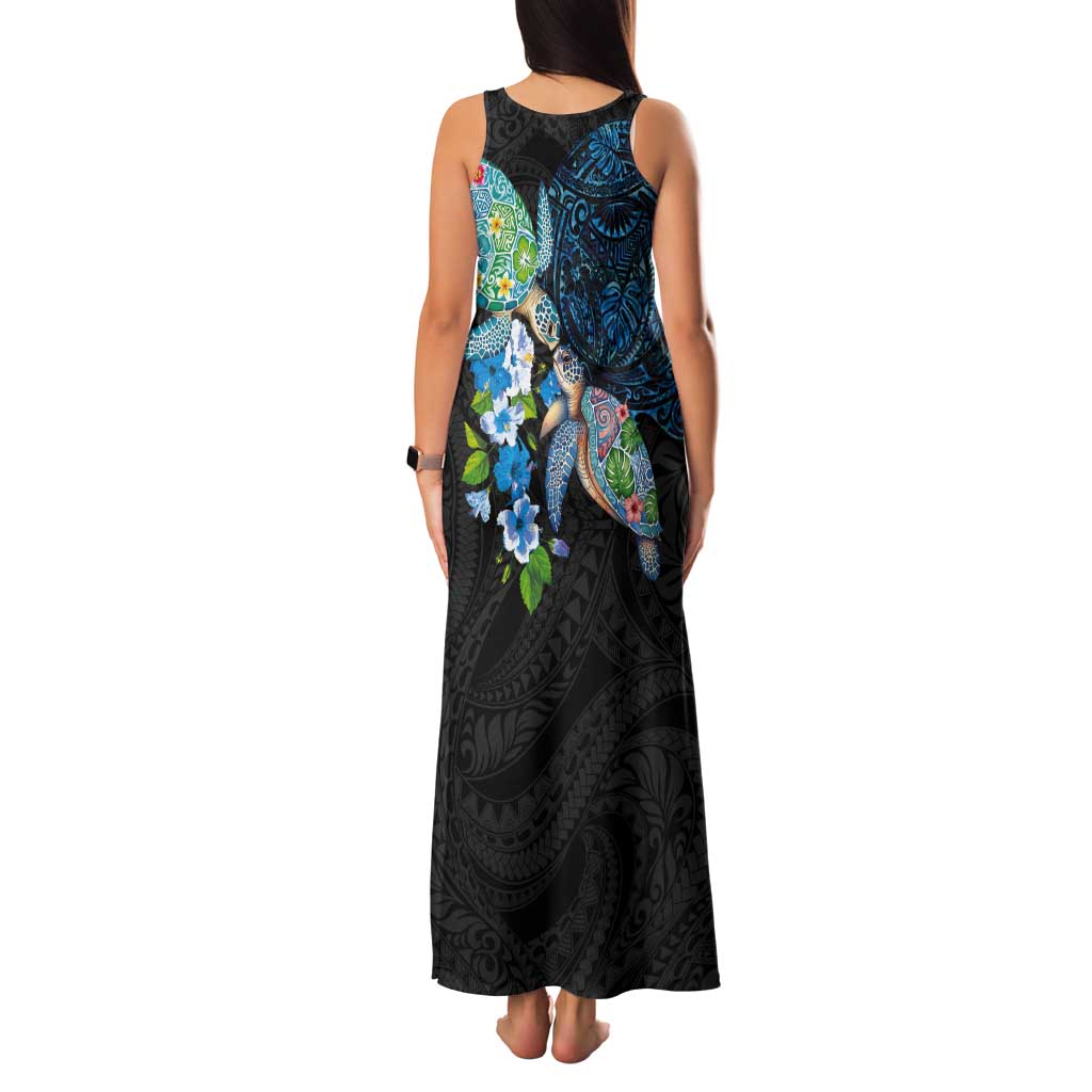 Hawaiian Couple Turtles Honi Tank Maxi Dress Polynesian Art Motifs and Hibiscus Black Blue Color LT03 - Polynesian Pride