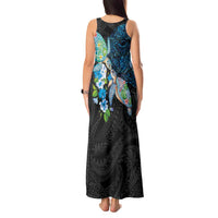 Hawaiian Couple Turtles Honi Tank Maxi Dress Polynesian Art Motifs and Hibiscus Black Blue Color LT03 - Polynesian Pride