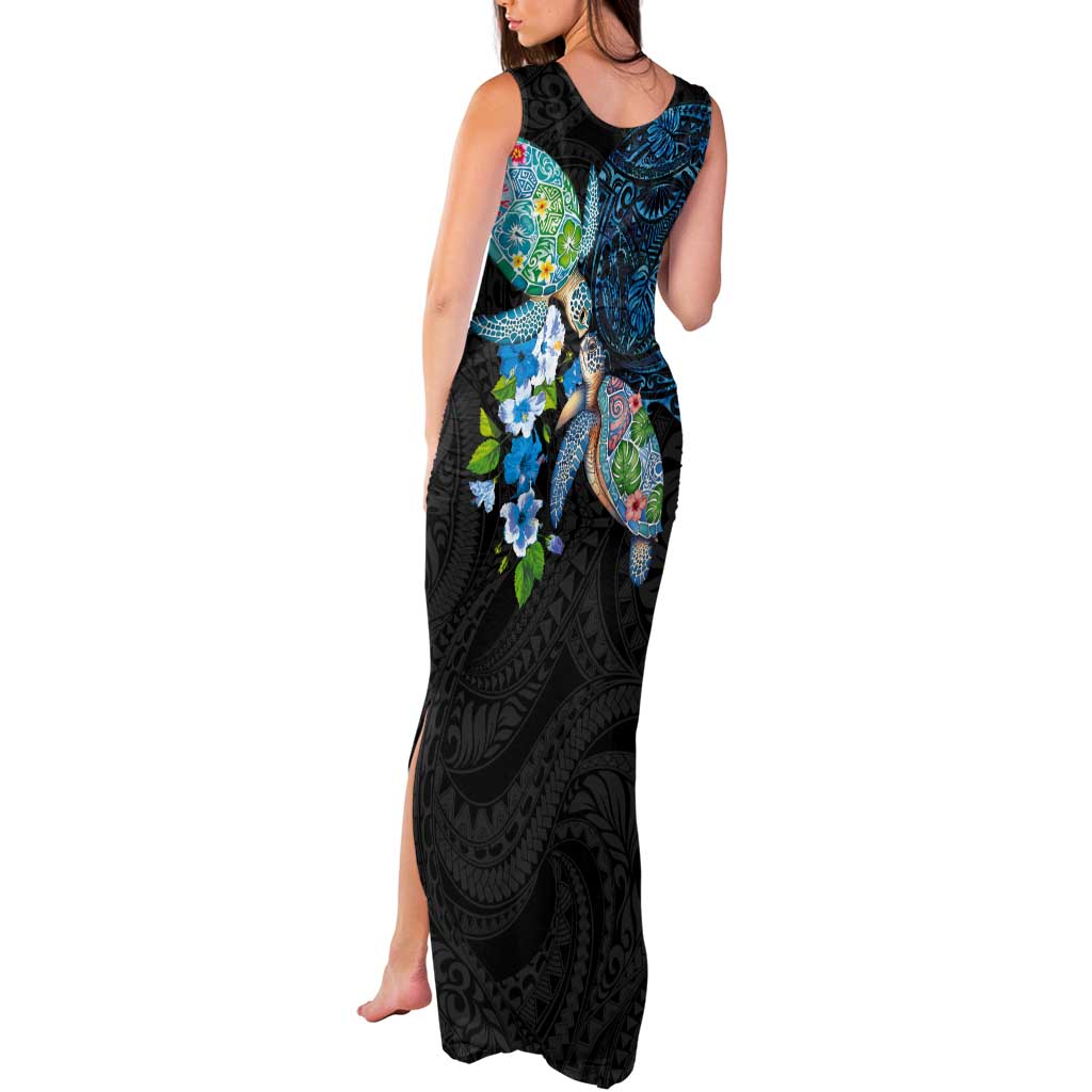 Hawaiian Couple Turtles Honi Tank Maxi Dress Polynesian Art Motifs and Hibiscus Black Blue Color LT03 - Polynesian Pride