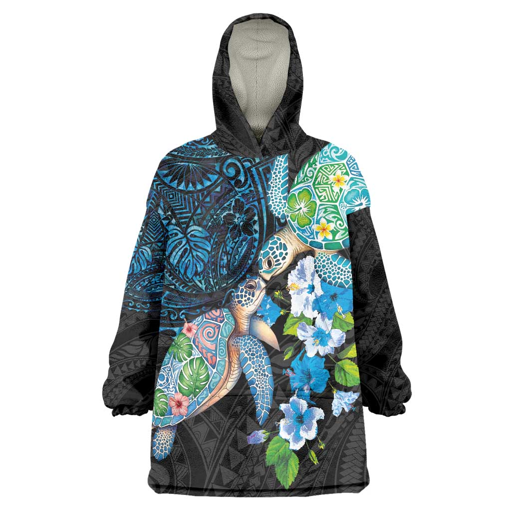 Hawaiian Couple Turtles Honi Wearable Blanket Hoodie Polynesian Art Motifs and Hibiscus Black Blue Color LT03 One Size Black - Polynesian Pride