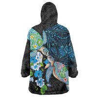 Hawaiian Couple Turtles Honi Wearable Blanket Hoodie Polynesian Art Motifs and Hibiscus Black Blue Color LT03 - Polynesian Pride