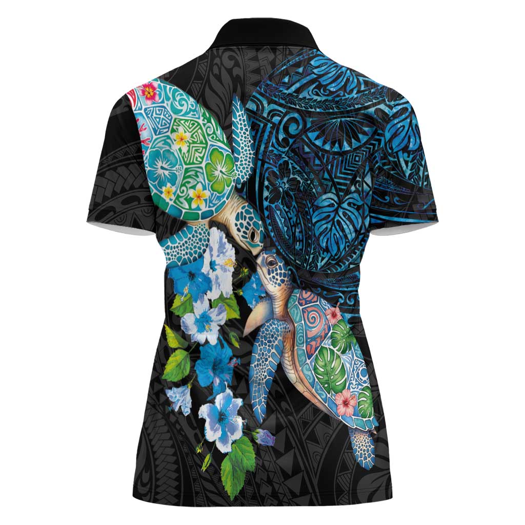 Hawaiian Couple Turtles Honi Women Polo Shirt Polynesian Art Motifs and Hibiscus Black Blue Color LT03 - Polynesian Pride