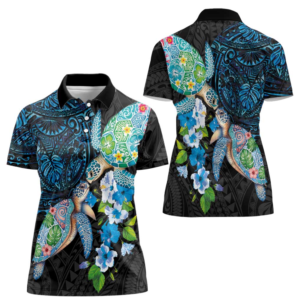 Hawaiian Couple Turtles Honi Women Polo Shirt Polynesian Art Motifs and Hibiscus Black Blue Color LT03 - Polynesian Pride