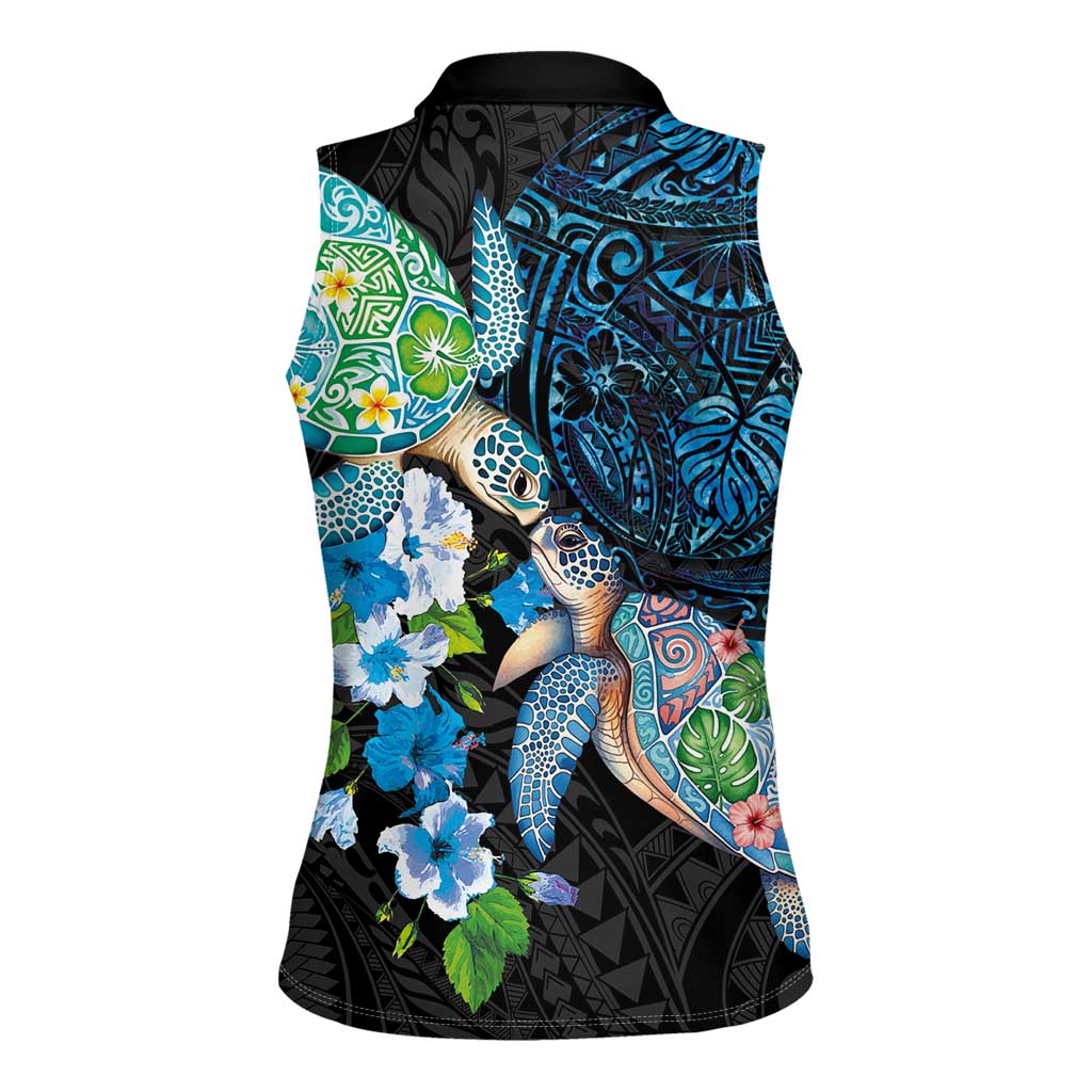 Hawaiian Couple Turtles Honi Women Sleeveless Polo Shirt Polynesian Art Motifs and Hibiscus Black Blue Color LT03 - Polynesian Pride