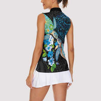 Hawaiian Couple Turtles Honi Women Sleeveless Polo Shirt Polynesian Art Motifs and Hibiscus Black Blue Color LT03 - Polynesian Pride