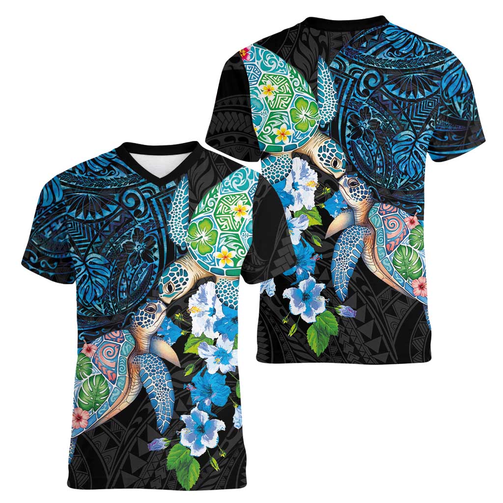 Hawaiian Couple Turtles Honi Women V-Neck T-Shirt Polynesian Art Motifs and Hibiscus Black Blue Color LT03 - Polynesian Pride