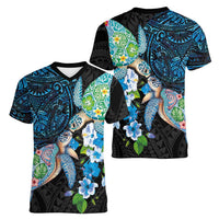 Hawaiian Couple Turtles Honi Women V-Neck T-Shirt Polynesian Art Motifs and Hibiscus Black Blue Color LT03 - Polynesian Pride